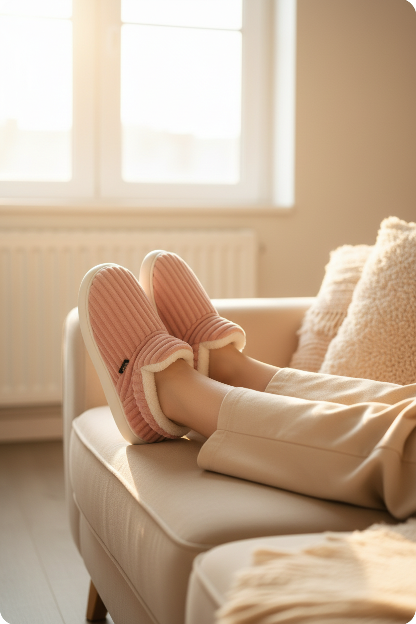 Person relaxing wearing plush cream KJ's slippers